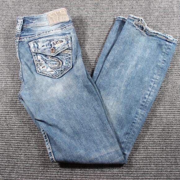 Silver Jeans Co Womens 29x33 Light Wash Suki Mid Boot Distressed - Picture 1 of 11